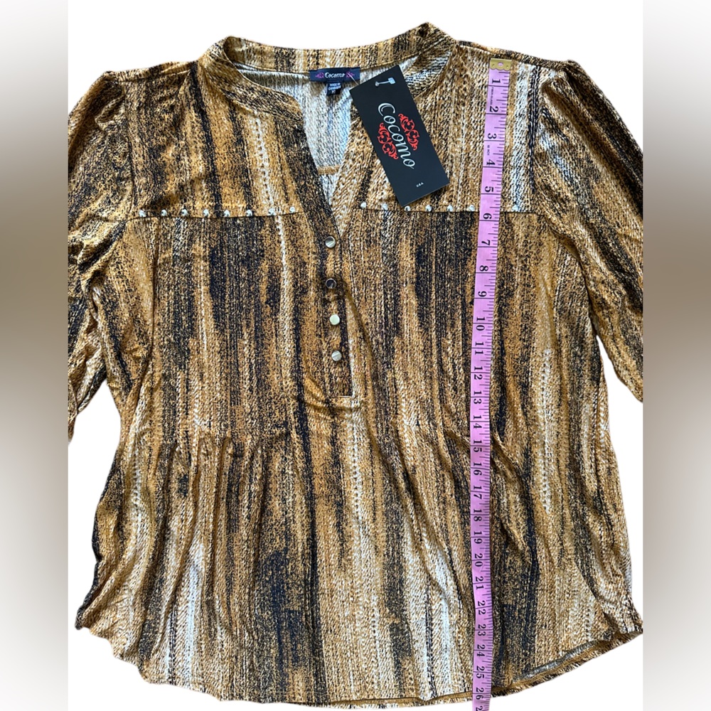 COCOMO XL Yellow Black 3/4 sleeve women’s Pintuck Blouse top shirt tunic - Picture 9 of 12